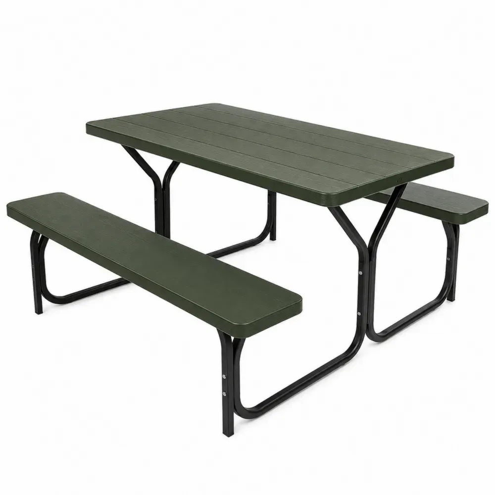 Picknicktisch Gartentisch mit 2 Bänken HDPE Lamellenoptik pulverbeschichtetes Stahlgestell rechteckig Dunkelgrün Schwarz 150 x 135 x 72 cm