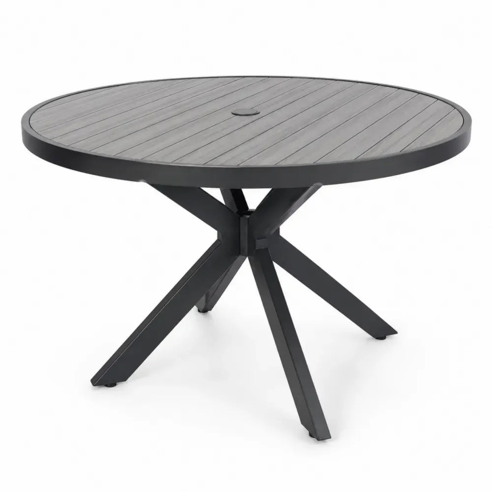 Runder Gartentisch Ø 120 x 75 cm aus HDPE Kunststofflamellen und pulverbeschichtetem Aluminium Grau Schwarz mit X Fuß und Sonnenschirmöffnung