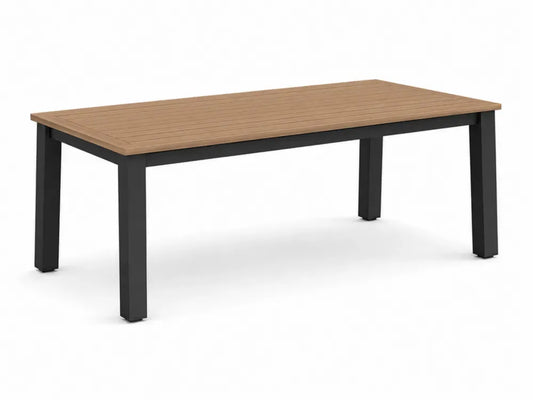 Gartentisch Esstisch 200 x 90 x 75 cm aus Akazienholz und pulverbeschichtetem Aluminium rechteckig Naturfarben Schwarz mit Lamellentischplatte