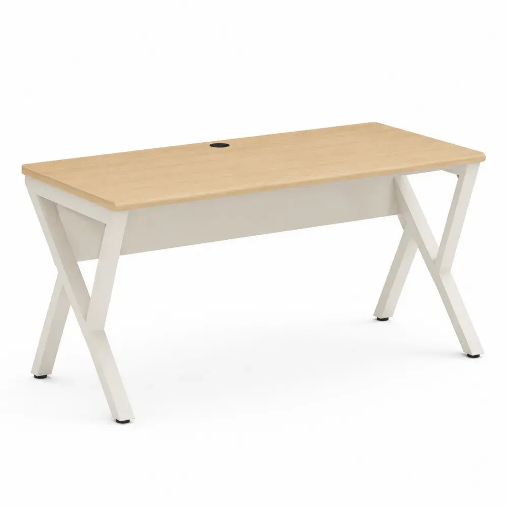 Schreibtisch mit Kabeldurchführung 140 x 60 x 75 cm melaminbeschichtete Spanplatte pulverbeschichteter Stahl rechteckig eiche hell weiß schwarz