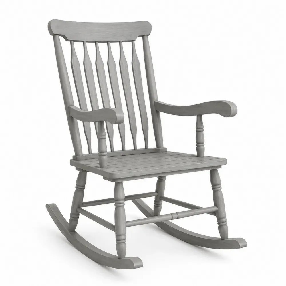 Garten-Schaukelstuhl mit Armlehnen Akazienholz Spindelrücken Latten-Sitzfläche gebogene Kufen Grau 64 x 85 x 105 cm
