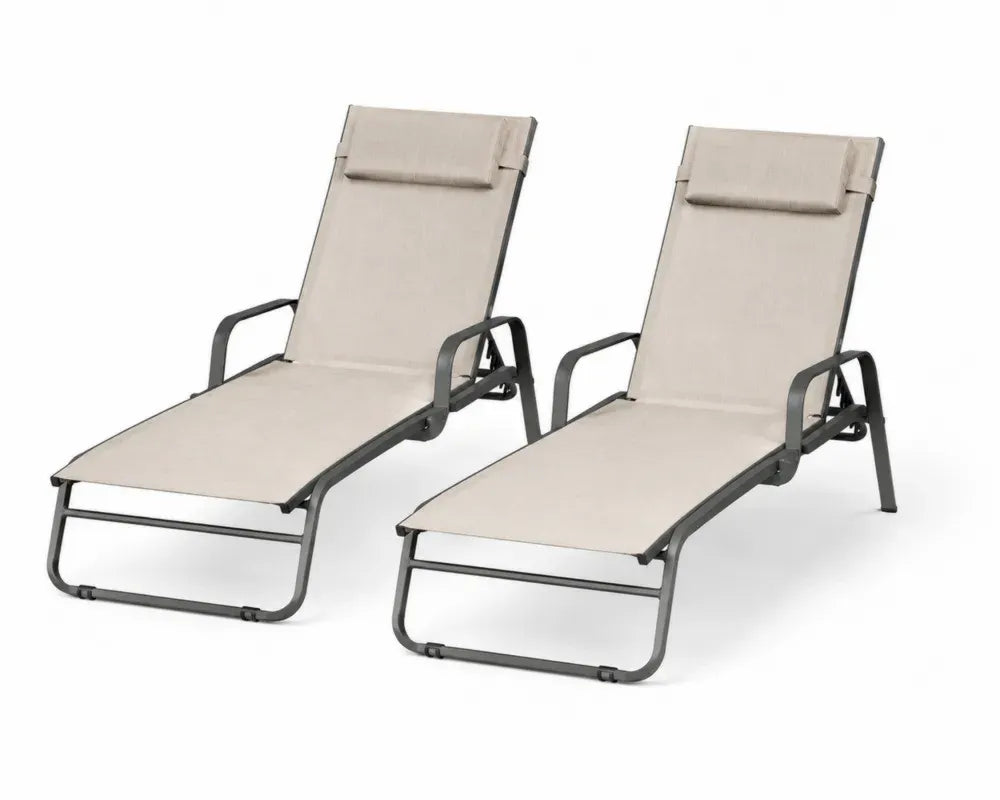 2er Set Gartenliegen mit Armlehnen PVC-beschichtetes Polyestergewebe Stahlrohr verstellbare Rückenlehne Beige Anthrazit Schwarz je 178 x 66 x 103 cm