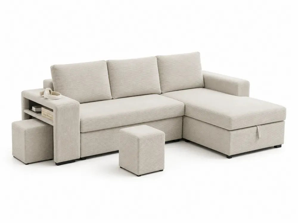 Modulares Ecksofa 3-Sitzer mit Recamiere rechts und 2 Hockern Polyester-Cord Kiefernholzrahmen Beige Schwarz 235 x 150 x 85 cm