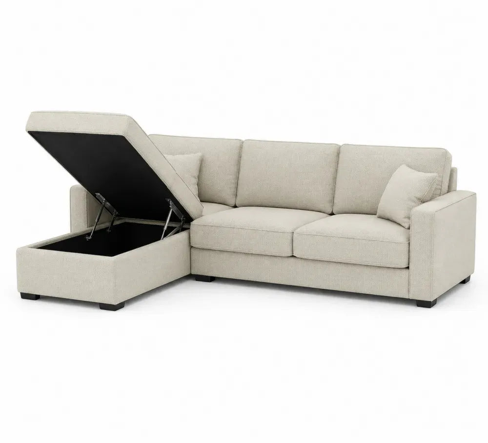 Ecksofa mit Stauraum links 250 x 150 x 85 cm aus Polyestergewebe Polyurethanschaum Kiefernholz Sperrholz und MDF L Form Beige Schwarz