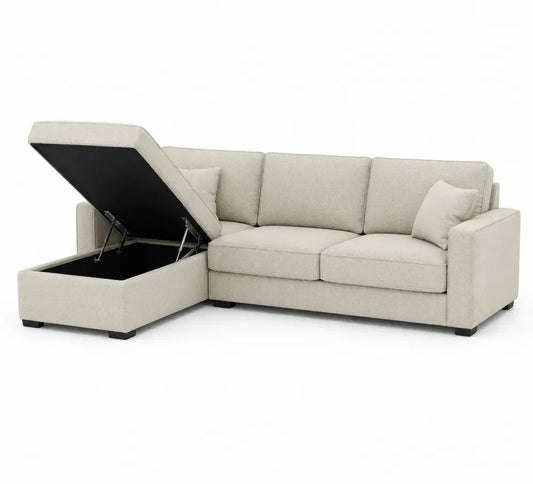Ecksofa mit Stauraum links 250 x 150 x 85 cm aus Polyestergewebe Polyurethanschaum Kiefernholz Sperrholz und MDF L Form Beige Schwarz