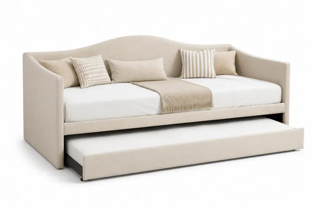 Tagesbett Ausziehbett mit Rückenlehne Armlehnen und Unterbett Polyestergewebe MDF Sperrholz Stahl Beige Weiß Schwarz 214 x 98 x 92 cm