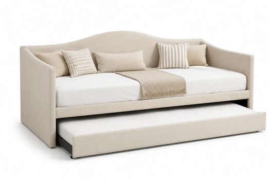 Tagesbett Ausziehbett mit Rückenlehne Armlehnen und Unterbett Polyestergewebe MDF Sperrholz Stahl Beige Weiß Schwarz 214 x 98 x 92 cm