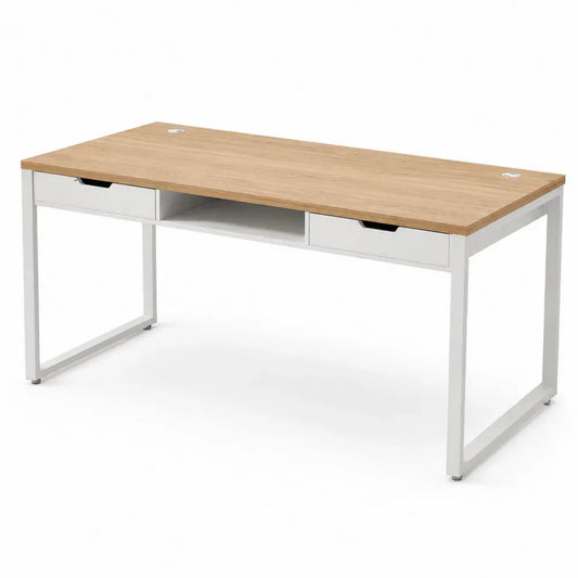 Schreibtisch mit 2 Schubladen und offenem Fach 140 x 60 x 75 cm melaminbeschichtete Spanplatte pulverbeschichteter Stahl rechteckig Eiche hell Weiß Schwarz