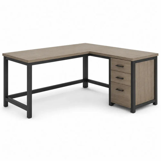 Eckschreibtisch in L-Form mit 3 Schubladen melaminbeschichteter Spanplatte pulverbeschichtetem Stahl Eiche natur Schwarz 150 x 120 x 76 cm