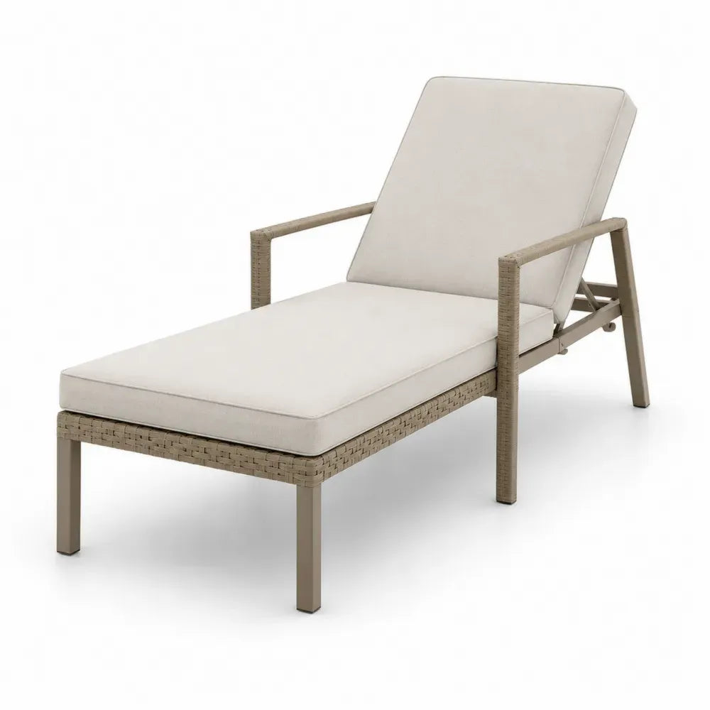 Sonnenliege Gartenliege mit Armlehnen und Auflage 200 x 76 x 95 cm PE Rattangeflecht pulverbeschichtetes Aluminium rechteckig beige taupe naturbeige