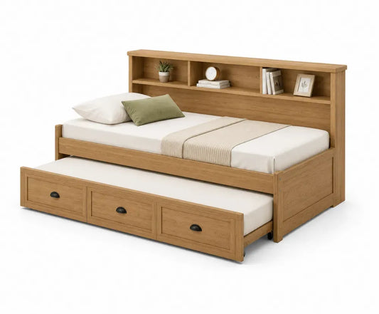 Tagesbett mit Ausziehbett Regal und 3 Frontblenden 205 x 100 x 110 cm melaminbeschichtete Spanplatte Kiefernholz rechteckig Eiche mittel Schwarz