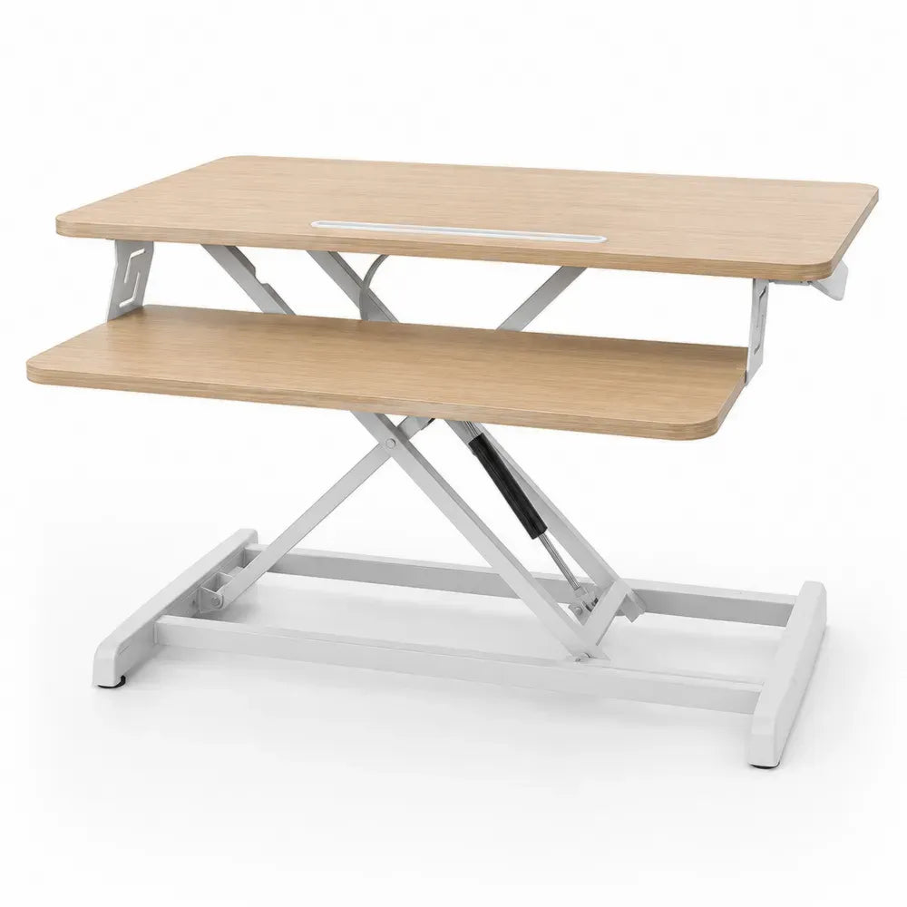 Sitz Steh Schreibtischaufsatz mit Tastaturablage 95 x 59 x 11-50 cm melaminbeschichtete Spanplatte pulverbeschichteter Stahl rechteckig Eiche hell Weiß Silberfarben Schwarz