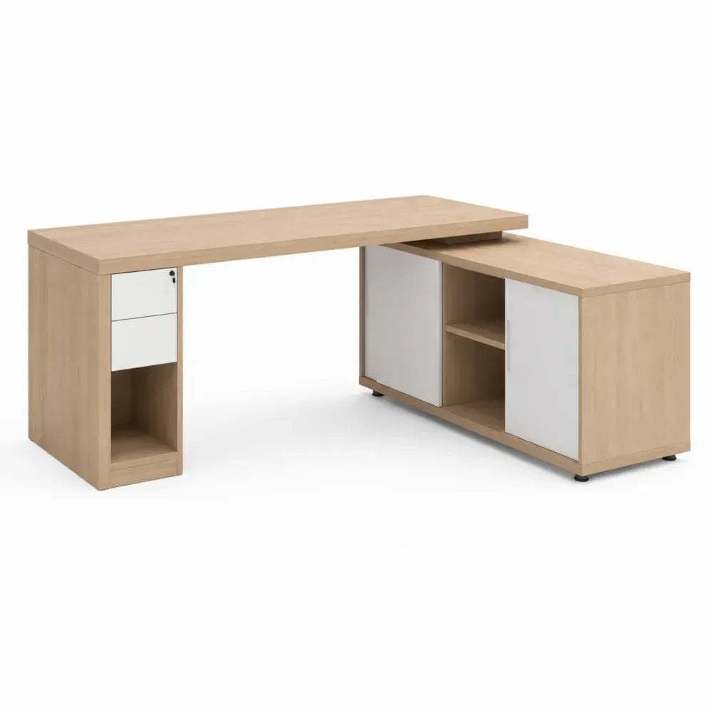 Eckschreibtisch in L-Form mit 2 Schubladen Türfächern Regalfächern melaminbeschichteter Spanplatte Eiche natur Weiß Schwarz 160 x 120 x 76 cm