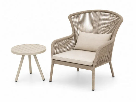 2-teiliges Gartensessel Set mit rundem Beistelltisch fächerförmiger Rückenlehne Aluminium Polyesterseil Beige Taupe Schwarz Sessel 80 x 76 x 92 cm Tisch Ø 45 x 48 cm