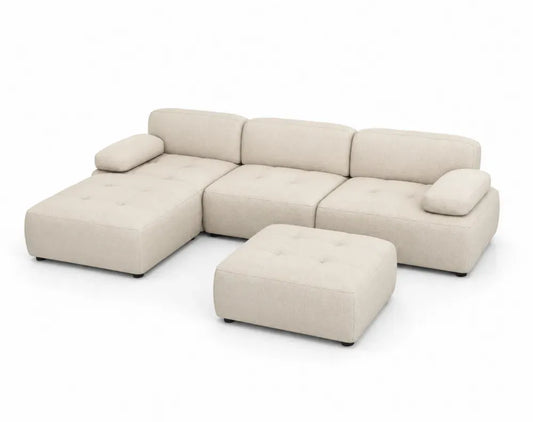 Modulares Ecksofa 4-Sitzer mit Hocker 300 x 170 x 82 cm Polyestergewebe Kiefernholz Sperrholz L Form beige schwarz