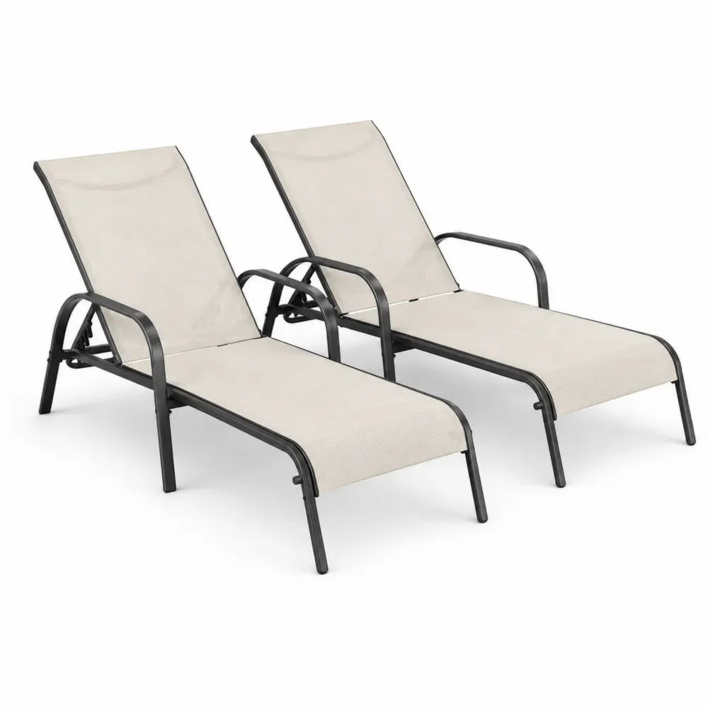 2er Set Sonnenliegen mit Armlehnen und verstellbarer Rückenlehne aus Textilene und Stahl Beige Schwarz 160 x 66 x 100 cm